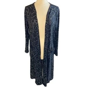 LULA ROE Elegant Sarah Black & Silver Metallic Longline Duster Cardigan, Large